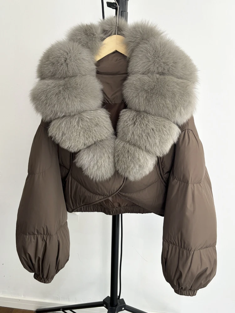 Janveny Real Fur Coat Women Luxury 2026 Winter 90% White Duck Down Jacket Super Big Natural Fox Fur Collar Female Puffer Parkas