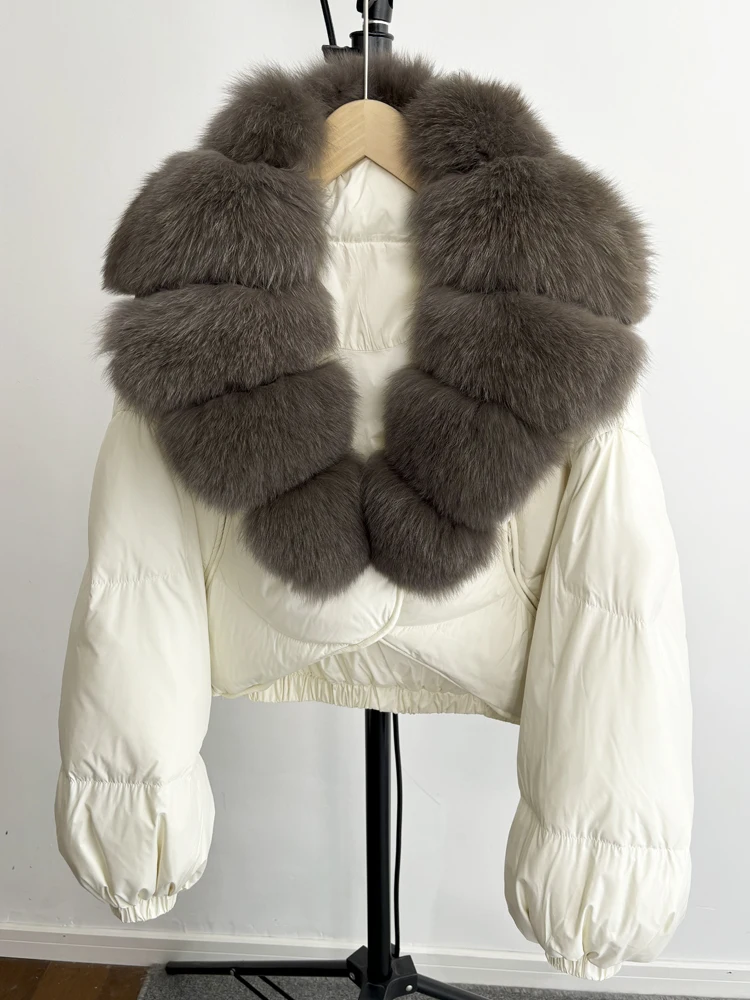 Janveny Real Fur Coat Women Luxury 2026 Winter 90% White Duck Down Jacket Super Big Natural Fox Fur Collar Female Puffer Parkas