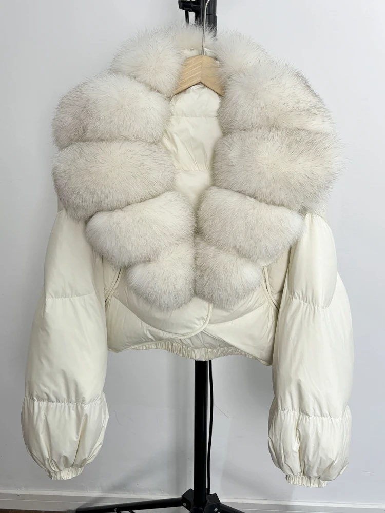 Janveny Real Fur Coat Women Luxury 2026 Winter 90% White Duck Down Jacket Super Big Natural Fox Fur Collar Female Puffer Parkas