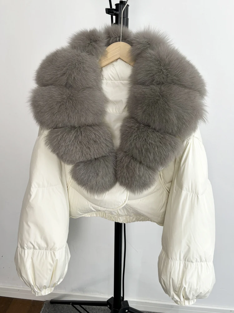 Janveny Real Fur Coat Women Luxury 2026 Winter 90% White Duck Down Jacket Super Big Natural Fox Fur Collar Female Puffer Parkas