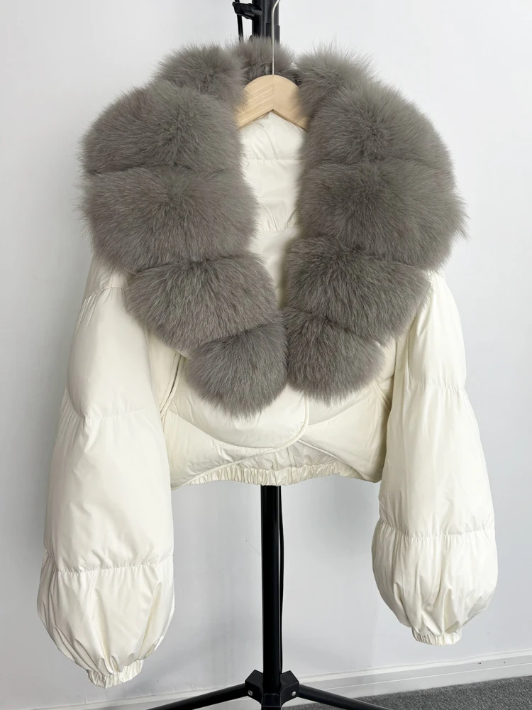 Janveny Real Fur Coat Women Luxury 2026 Winter 90% White Duck Down Jacket Super Big Natural Fox Fur Collar Female Puffer Parkas