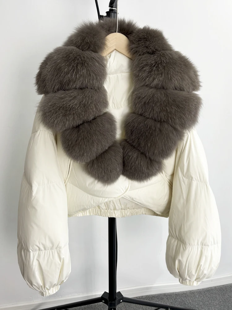 Janveny Real Fur Coat Women Luxury 2026 Winter 90% White Duck Down Jacket Super Big Natural Fox Fur Collar Female Puffer Parkas