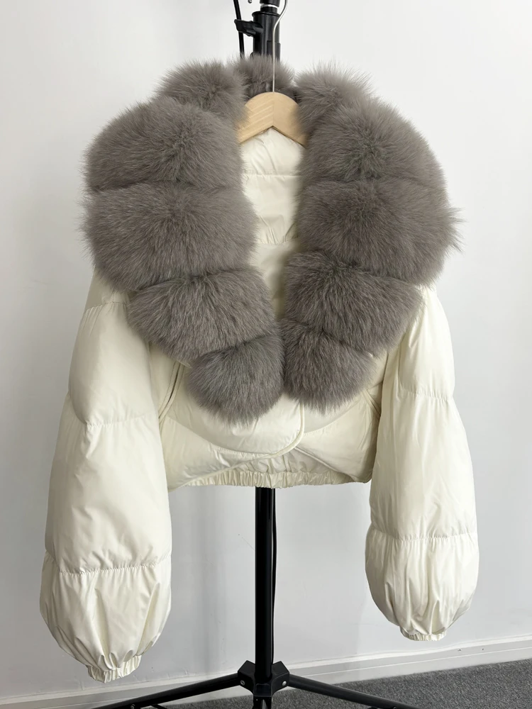 Janveny Real Fur Coat Women Luxury 2026 Winter 90% White Duck Down Jacket Super Big Natural Fox Fur Collar Female Puffer Parkas