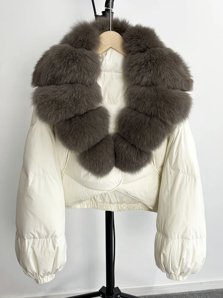 Janveny Real Fur Coat Women Luxury 2026 Winter 90% White Duck Down Jacket Super Big Natural Fox Fur Collar Female Puffer Parkas