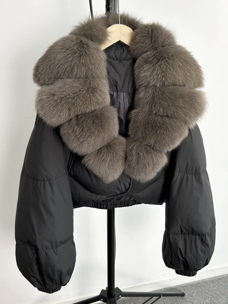Janveny Real Fur Coat Women Luxury 2026 Winter 90% White Duck Down Jacket Super Big Natural Fox Fur Collar Female Puffer Parkas