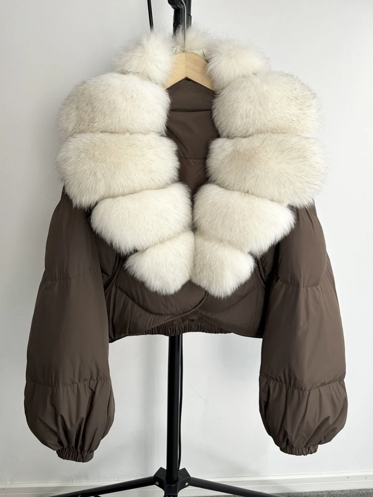 Janveny Real Fur Coat Women Luxury 2026 Winter 90% White Duck Down Jacket Super Big Natural Fox Fur Collar Female Puffer Parkas