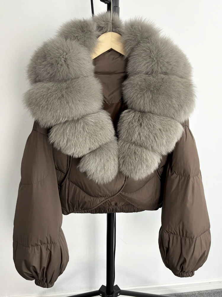 Janveny Real Fur Coat Women Luxury 2026 Winter 90% White Duck Down Jacket Super Big Natural Fox Fur Collar Female Puffer Parkas