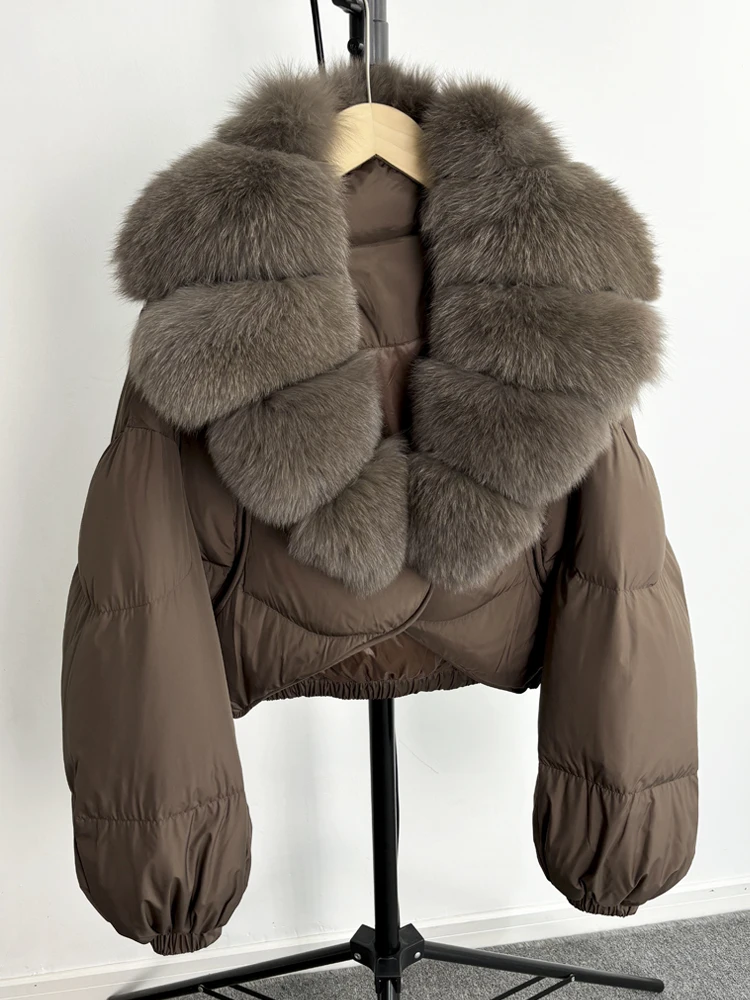 Janveny Real Fur Coat Women Luxury 2026 Winter 90% White Duck Down Jacket Super Big Natural Fox Fur Collar Female Puffer Parkas