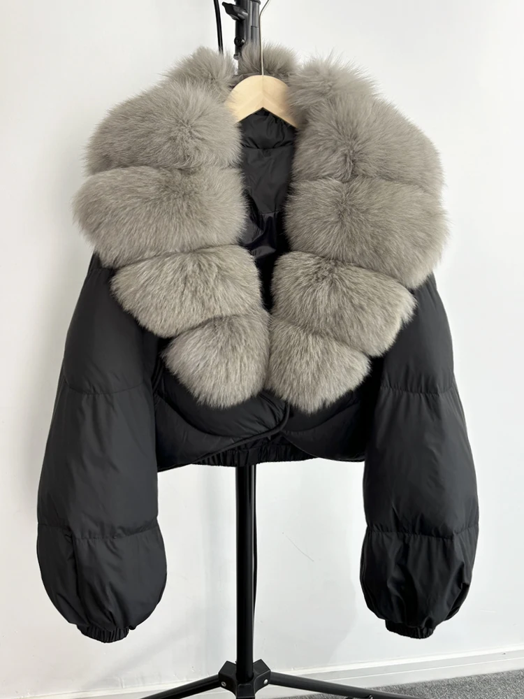 Janveny Real Fur Coat Women Luxury 2026 Winter 90% White Duck Down Jacket Super Big Natural Fox Fur Collar Female Puffer Parkas
