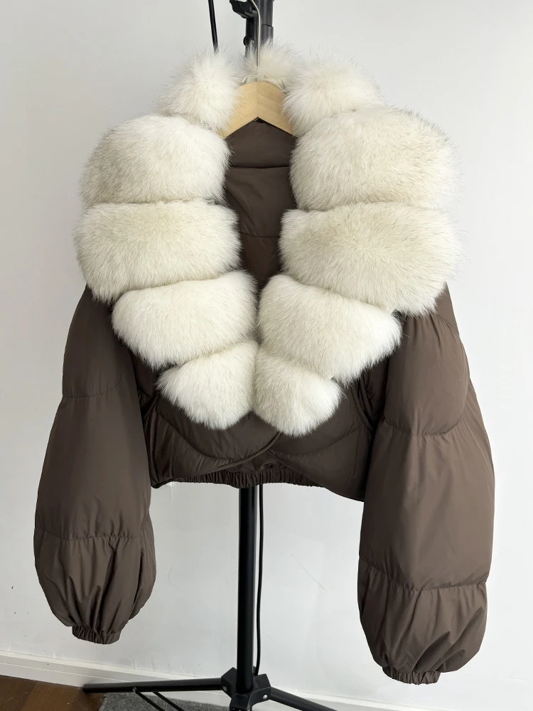 Janveny Real Fur Coat Women Luxury 2026 Winter 90% White Duck Down Jacket Super Big Natural Fox Fur Collar Female Puffer Parkas