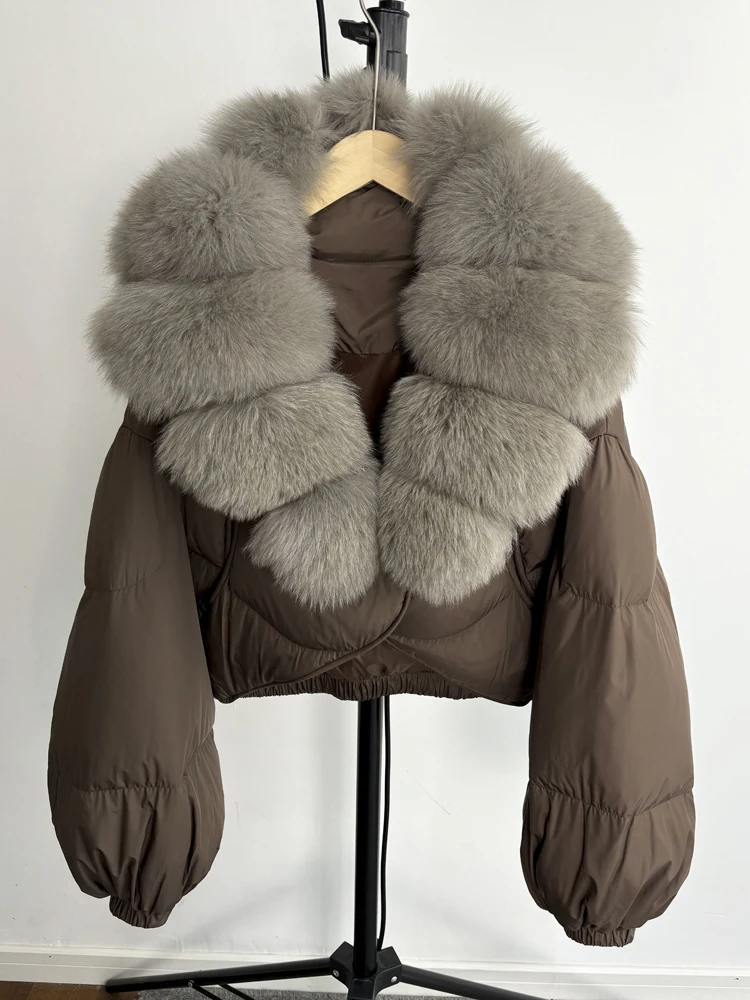 Janveny Real Fur Coat Women Luxury 2026 Winter 90% White Duck Down Jacket Super Big Natural Fox Fur Collar Female Puffer Parkas