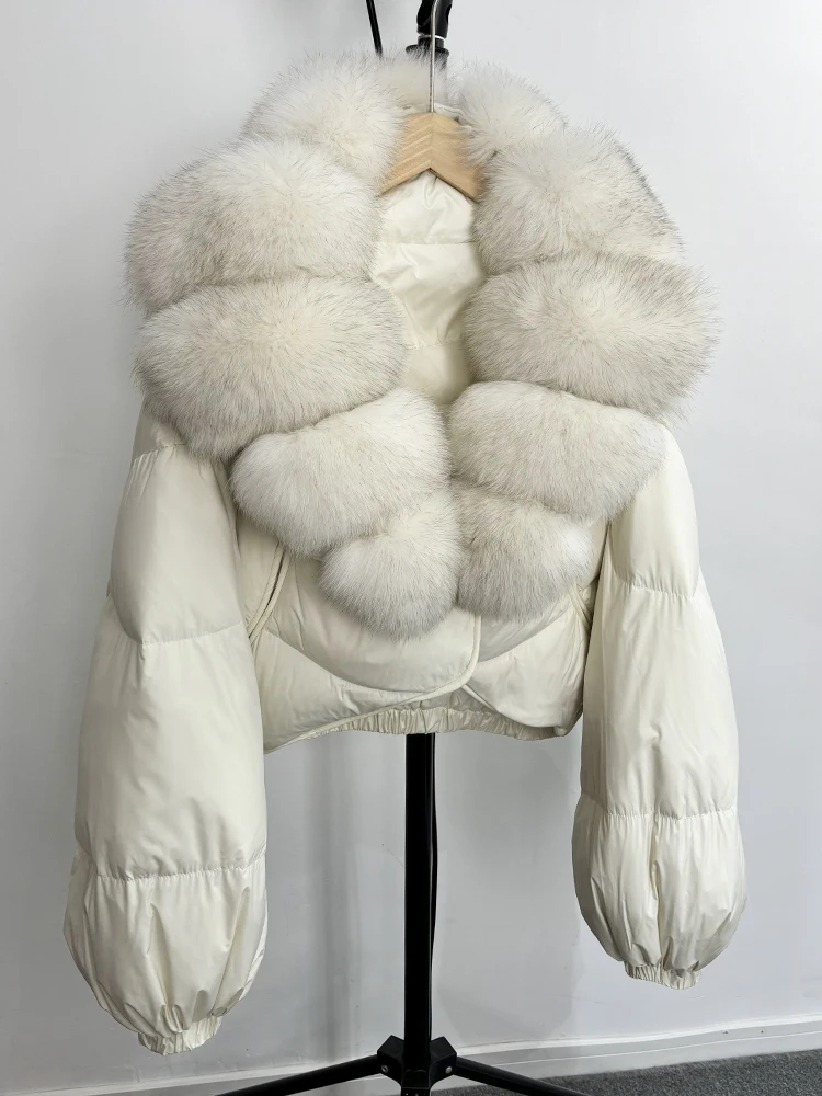 Janveny Real Fur Coat Women Luxury 2026 Winter 90% White Duck Down Jacket Super Big Natural Fox Fur Collar Female Puffer Parkas