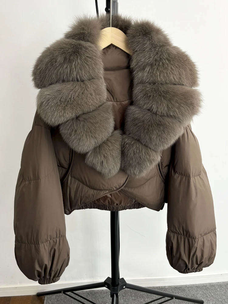 Janveny Real Fur Coat Women Luxury 2026 Winter 90% White Duck Down Jacket Super Big Natural Fox Fur Collar Female Puffer Parkas