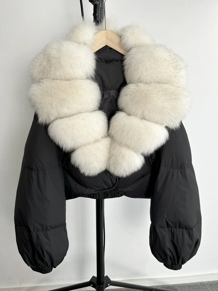 Janveny Real Fur Coat Women Luxury 2026 Winter 90% White Duck Down Jacket Super Big Natural Fox Fur Collar Female Puffer Parkas