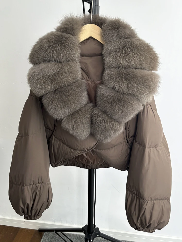 Janveny Real Fur Coat Women Luxury 2026 Winter 90% White Duck Down Jacket Super Big Natural Fox Fur Collar Female Puffer Parkas