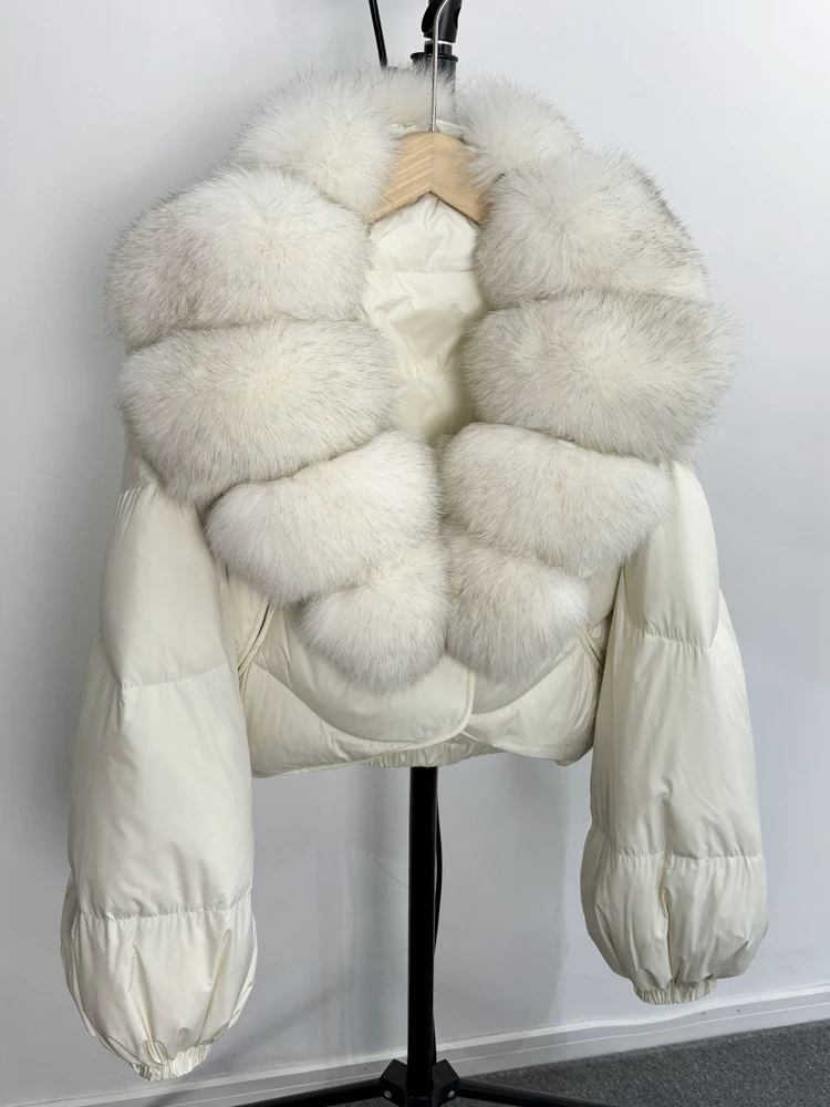 Janveny Real Fur Coat Women Luxury 2026 Winter 90% White Duck Down Jacket Super Big Natural Fox Fur Collar Female Puffer Parkas