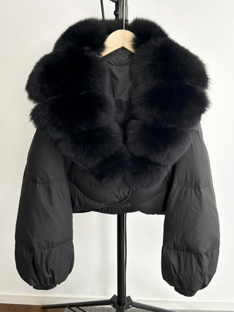 Janveny Real Fur Coat Women Luxury 2026 Winter 90% White Duck Down Jacket Super Big Natural Fox Fur Collar Female Puffer Parkas