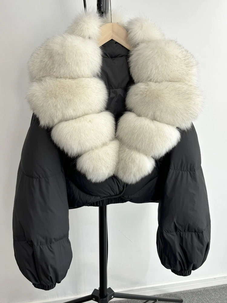 Janveny Real Fur Coat Women Luxury 2026 Winter 90% White Duck Down Jacket Super Big Natural Fox Fur Collar Female Puffer Parkas