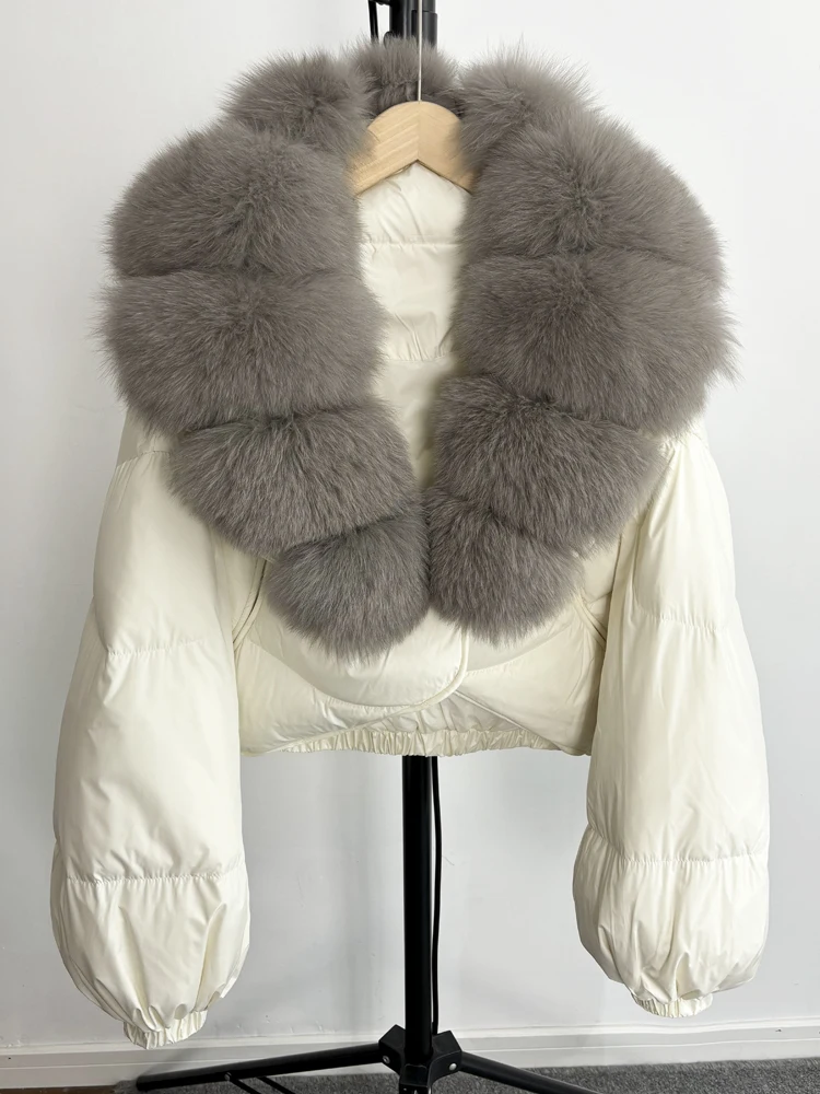 Janveny Real Fur Coat Women Luxury 2026 Winter 90% White Duck Down Jacket Super Big Natural Fox Fur Collar Female Puffer Parkas