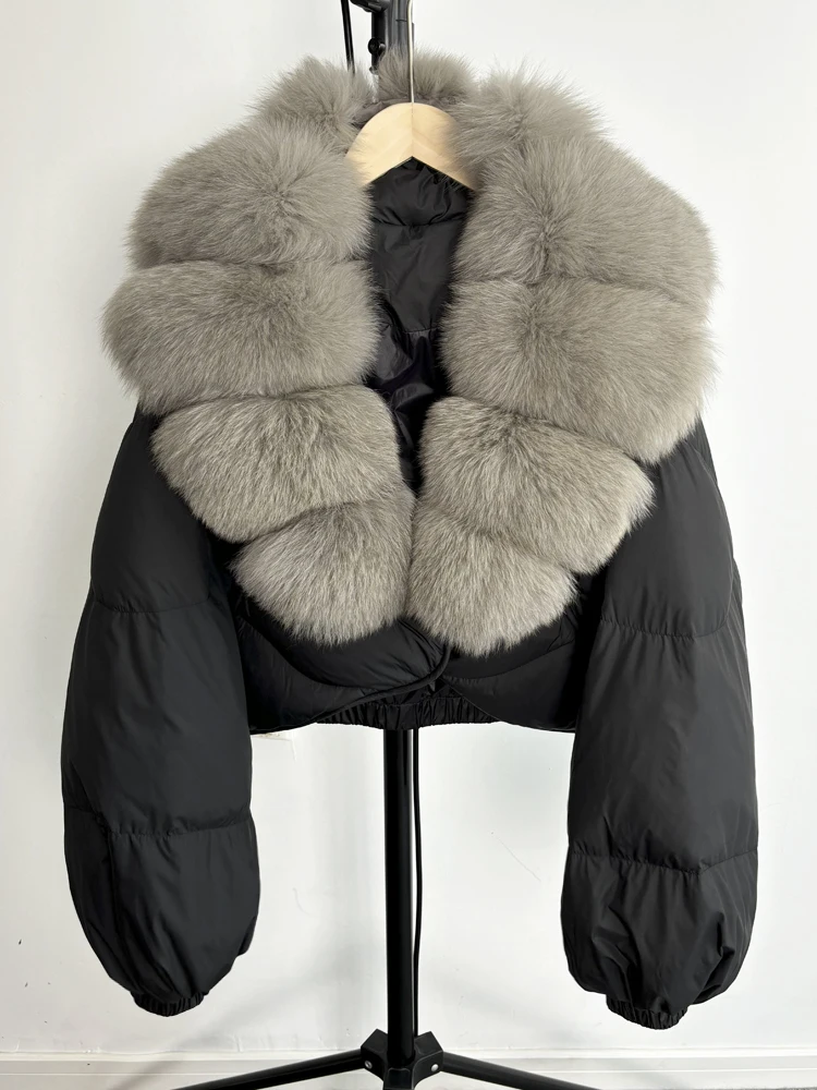 Janveny Real Fur Coat Women Luxury 2026 Winter 90% White Duck Down Jacket Super Big Natural Fox Fur Collar Female Puffer Parkas