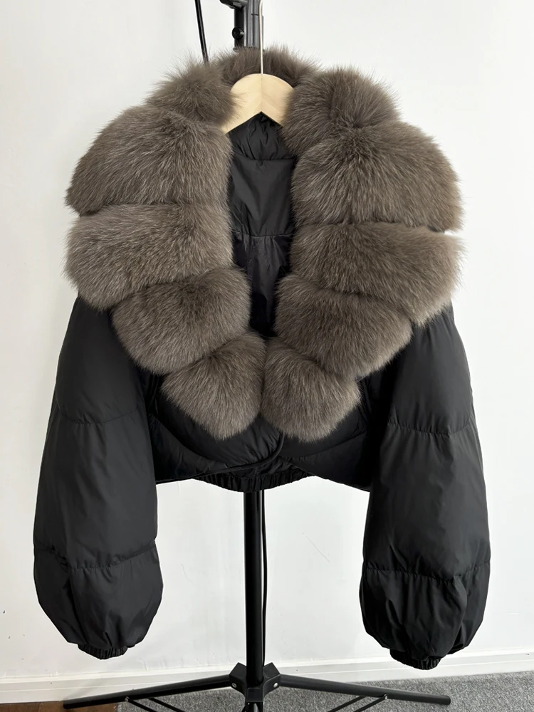 Janveny Real Fur Coat Women Luxury 2026 Winter 90% White Duck Down Jacket Super Big Natural Fox Fur Collar Female Puffer Parkas