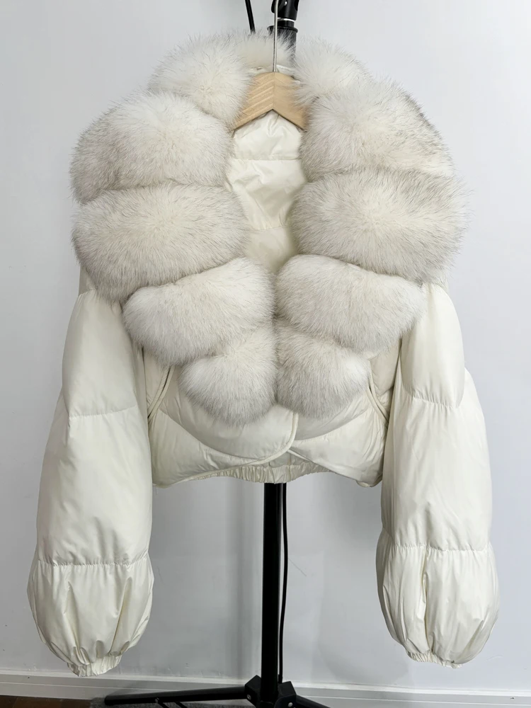 Janveny Real Fur Coat Women Luxury 2026 Winter 90% White Duck Down Jacket Super Big Natural Fox Fur Collar Female Puffer Parkas