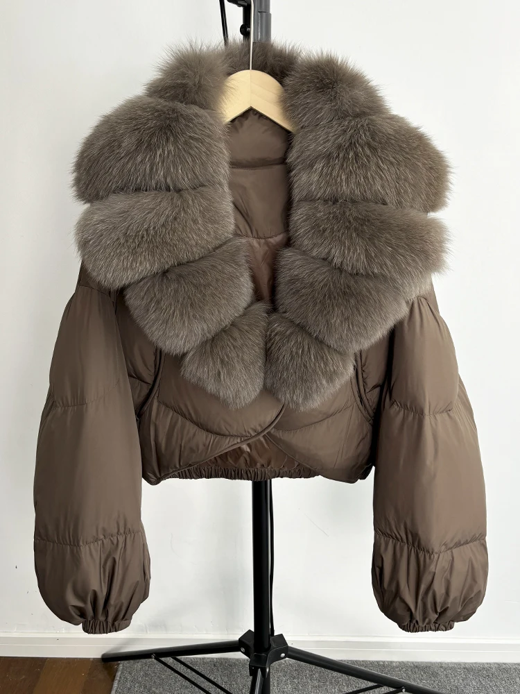 Janveny Real Fur Coat Women Luxury 2026 Winter 90% White Duck Down Jacket Super Big Natural Fox Fur Collar Female Puffer Parkas