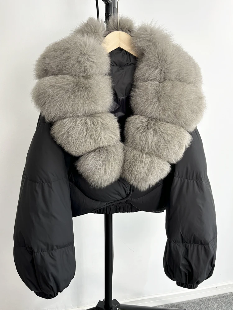Janveny Real Fur Coat Women Luxury 2026 Winter 90% White Duck Down Jacket Super Big Natural Fox Fur Collar Female Puffer Parkas
