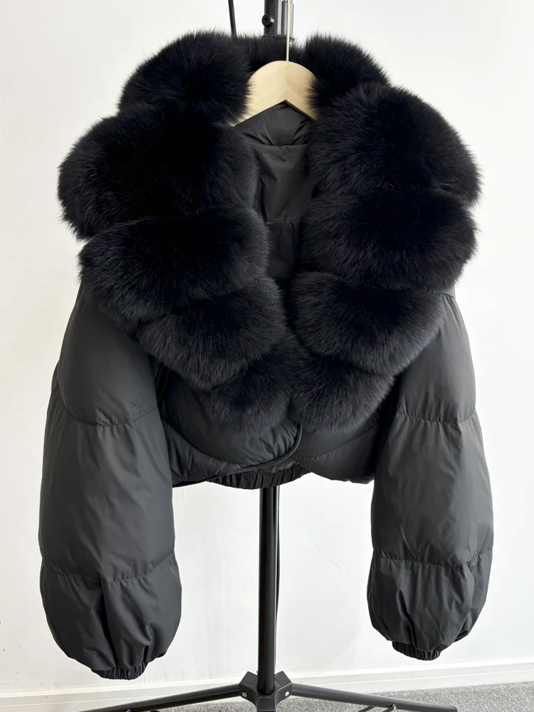 Janveny Real Fur Coat Women Luxury 2026 Winter 90% White Duck Down Jacket Super Big Natural Fox Fur Collar Female Puffer Parkas