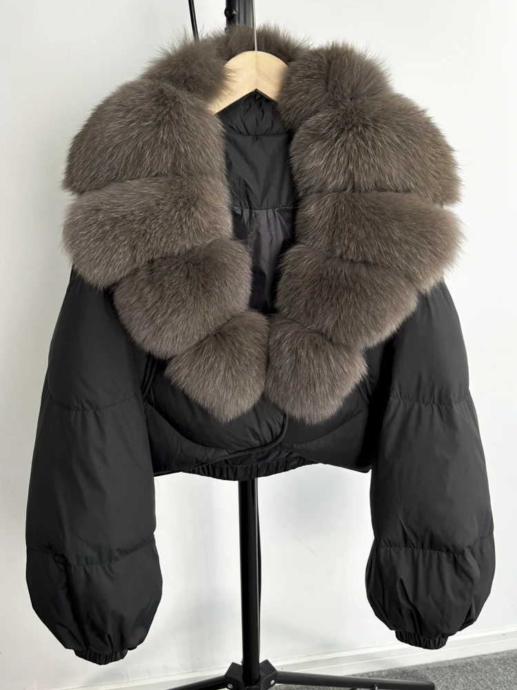 Janveny Real Fur Coat Women Luxury 2026 Winter 90% White Duck Down Jacket Super Big Natural Fox Fur Collar Female Puffer Parkas