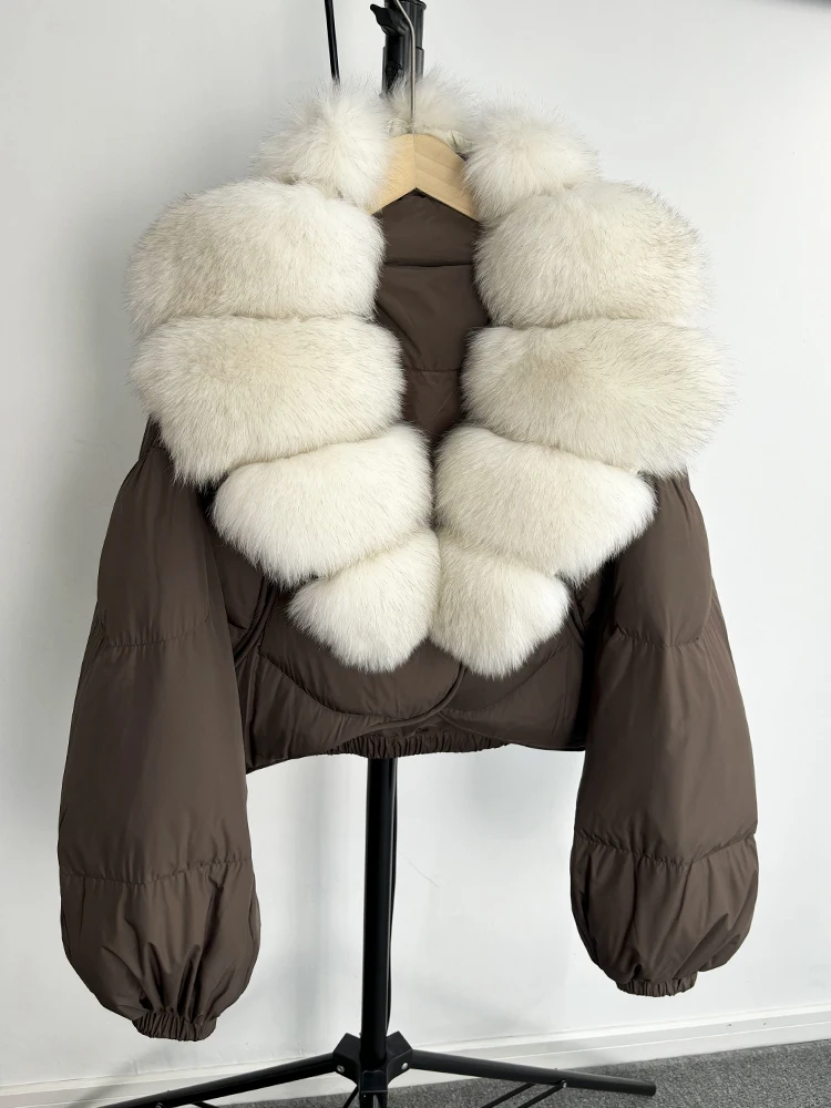 Janveny Real Fur Coat Women Luxury 2026 Winter 90% White Duck Down Jacket Super Big Natural Fox Fur Collar Female Puffer Parkas