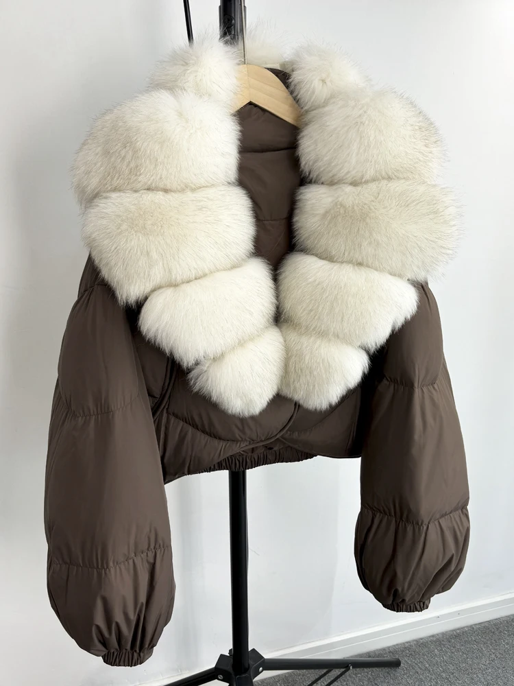 Janveny Real Fur Coat Women Luxury 2026 Winter 90% White Duck Down Jacket Super Big Natural Fox Fur Collar Female Puffer Parkas