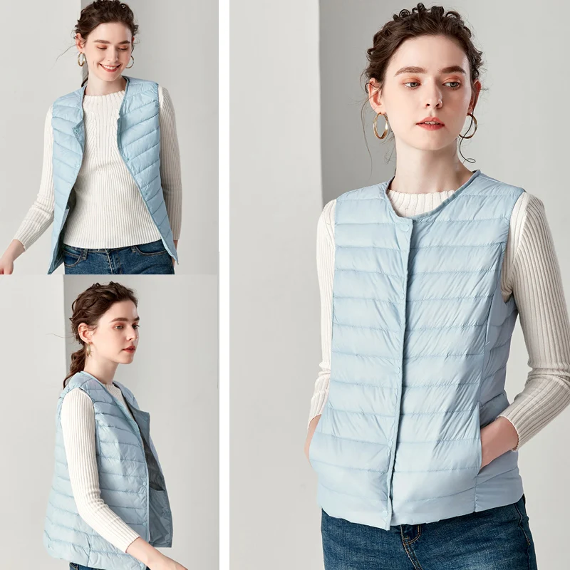 New Causal Women White Duck Down Vest Ultra Light Vest Jacket Winter Weightless Round Collar Sleeveless Coat