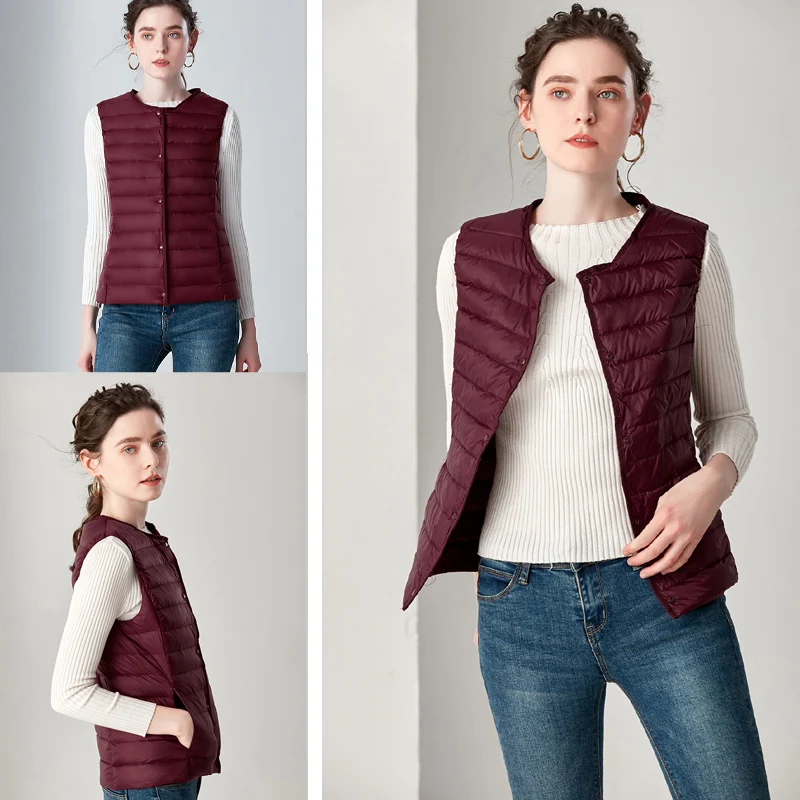 New Causal Women White Duck Down Vest Ultra Light Vest Jacket Winter Weightless Round Collar Sleeveless Coat