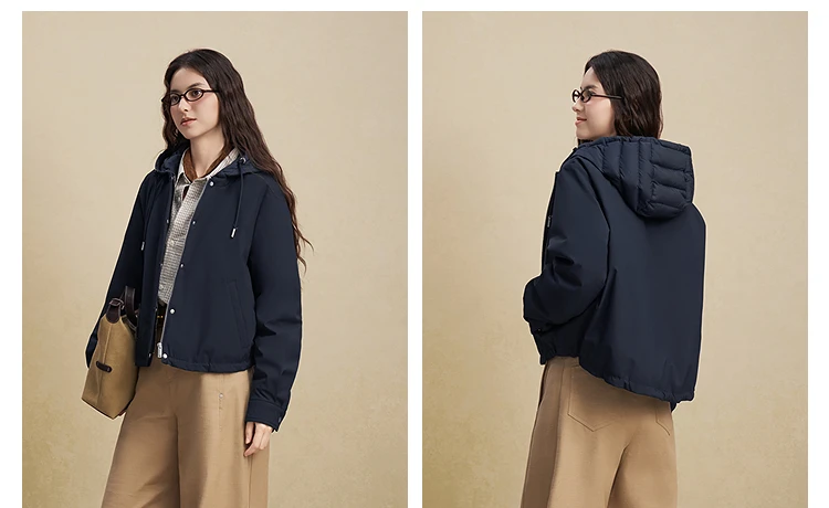 BOSIDENG Women Detachable Hood Down Jacket Vintage Short Slim Fit Casual Fashion Winter Outerwear Coat