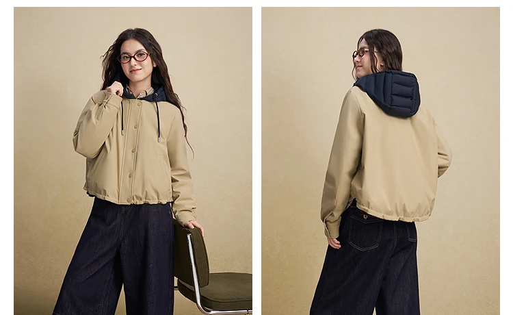 BOSIDENG Women Detachable Hood Down Jacket Vintage Short Slim Fit Casual Fashion Winter Outerwear Coat