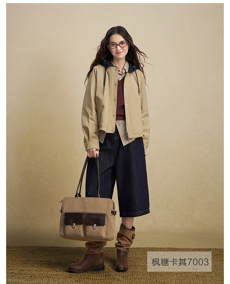BOSIDENG Women Detachable Hood Down Jacket Vintage Short Slim Fit Casual Fashion Winter Outerwear Coat