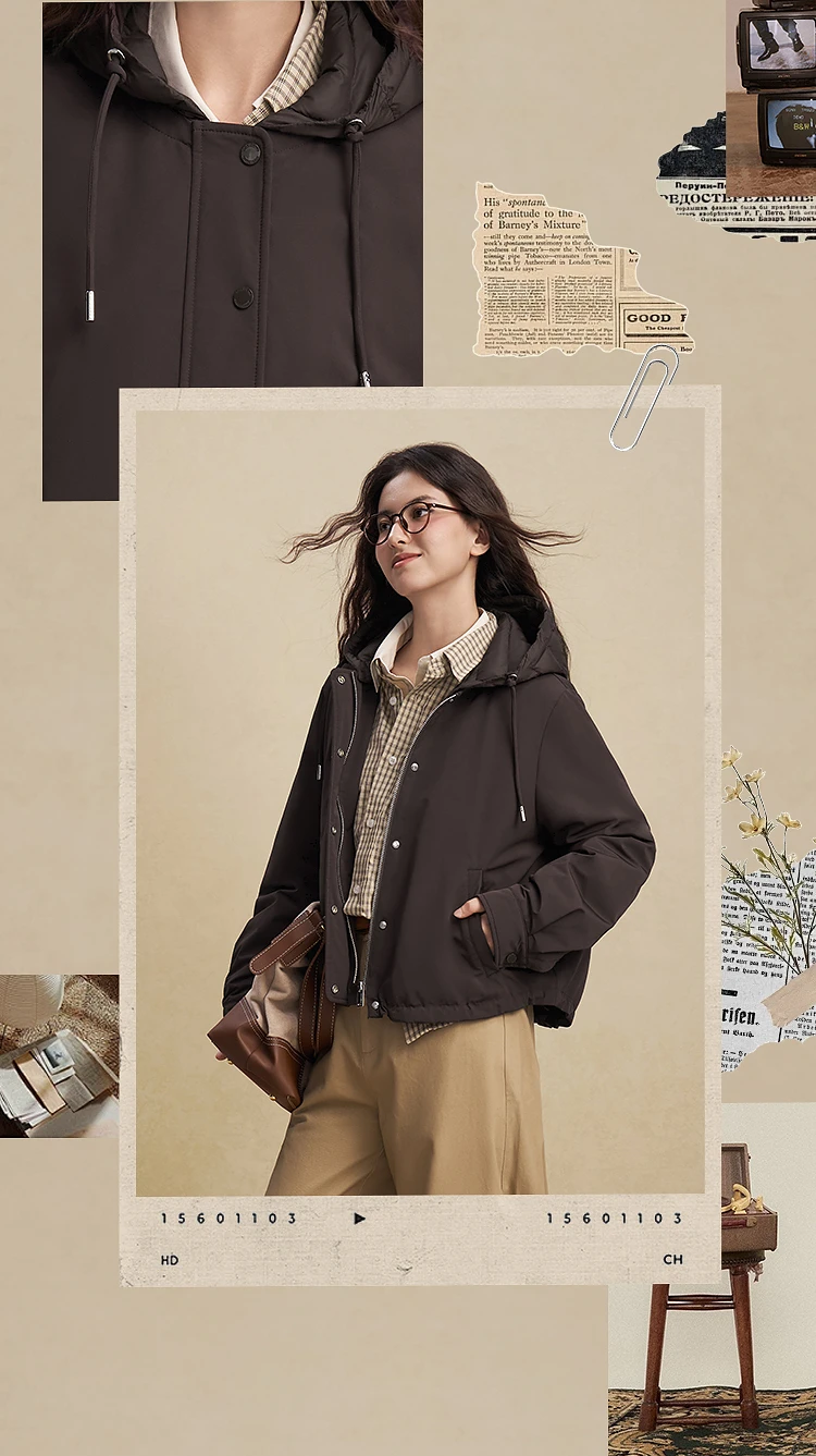 BOSIDENG Women Detachable Hood Down Jacket Vintage Short Slim Fit Casual Fashion Winter Outerwear Coat