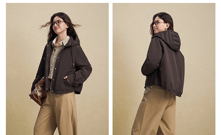 BOSIDENG Women Detachable Hood Down Jacket Vintage Short Slim Fit Casual Fashion Winter Outerwear Coat