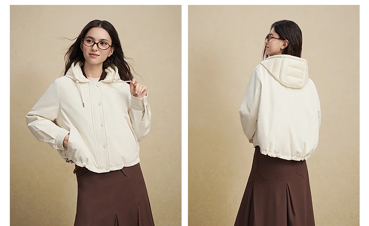 BOSIDENG Women Detachable Hood Down Jacket Vintage Short Slim Fit Casual Fashion Winter Outerwear Coat