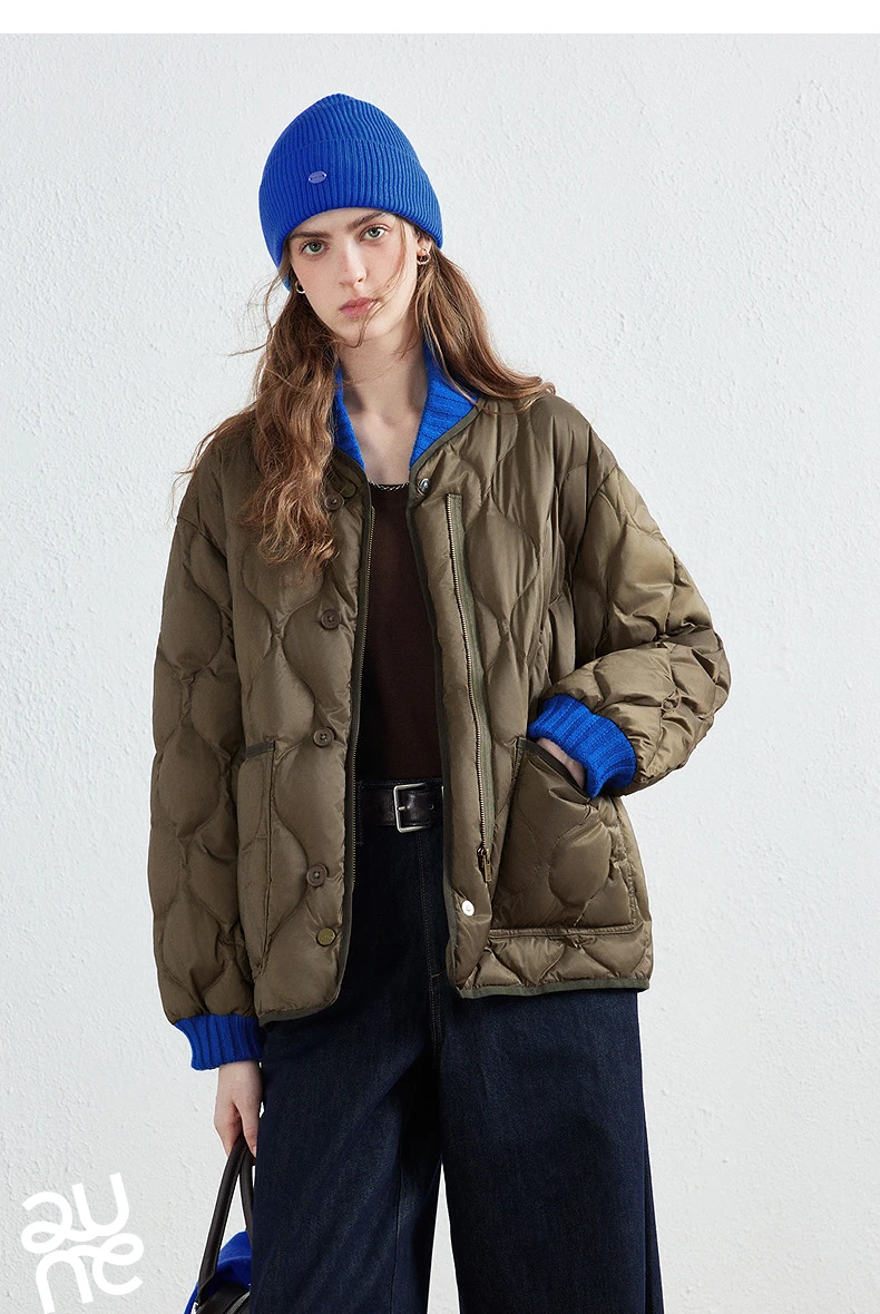 TOYOUTH Women Down Jacket 2026 Winter New Gourd Quilted Color Block Knit Collar Light Warm Outerwear