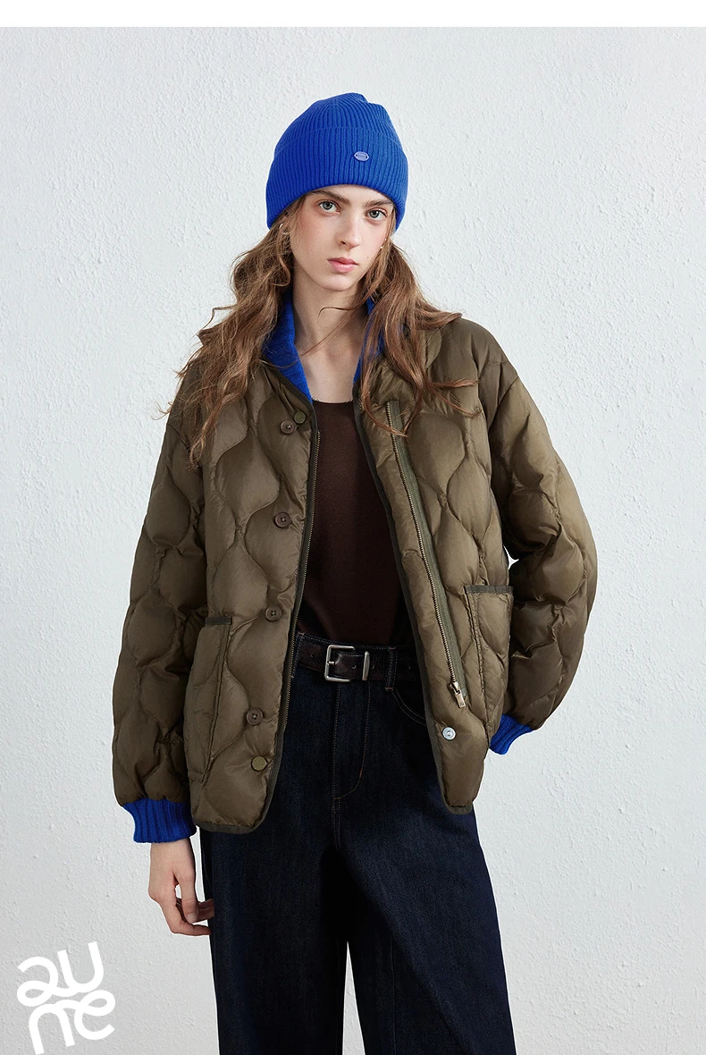 TOYOUTH Women Down Jacket 2026 Winter New Gourd Quilted Color Block Knit Collar Light Warm Outerwear