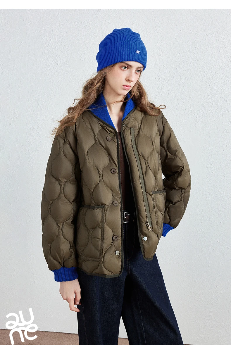 TOYOUTH Women Down Jacket 2026 Winter New Gourd Quilted Color Block Knit Collar Light Warm Outerwear