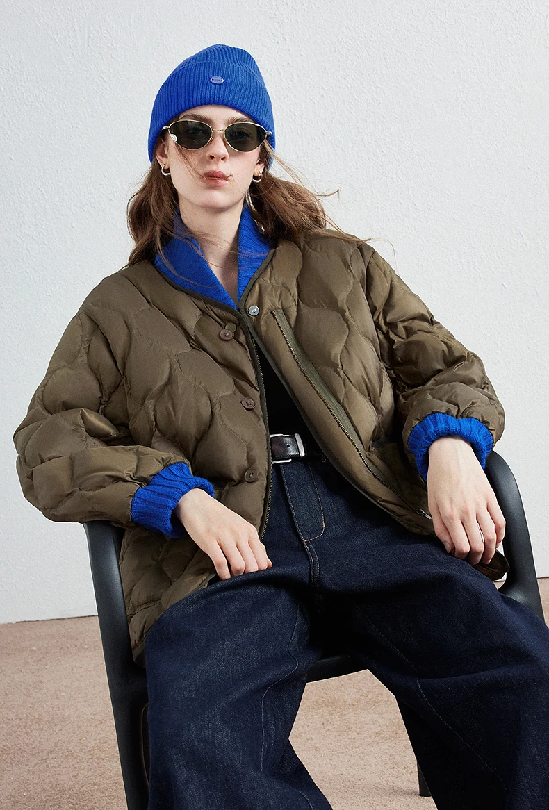 TOYOUTH Women Down Jacket 2026 Winter New Gourd Quilted Color Block Knit Collar Light Warm Outerwear
