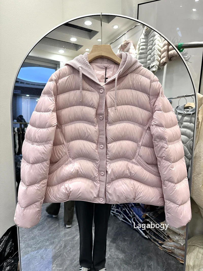Lagabogy 2026 New Autumn Winter Women 90% White Duck Down Jacket Knitted Hooded Casual Outerwear Female Ultra Light Warm Coats