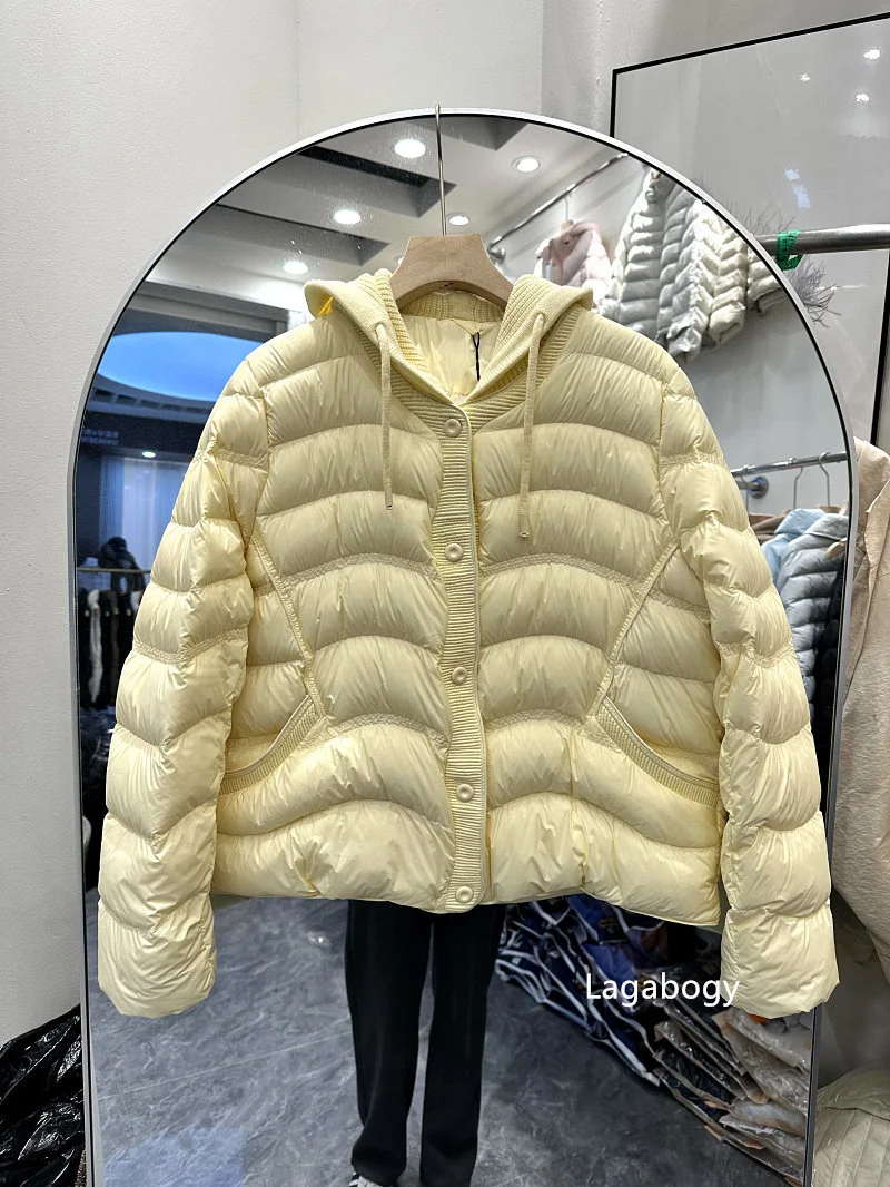 Lagabogy 2026 New Autumn Winter Women 90% White Duck Down Jacket Knitted Hooded Casual Outerwear Female Ultra Light Warm Coats