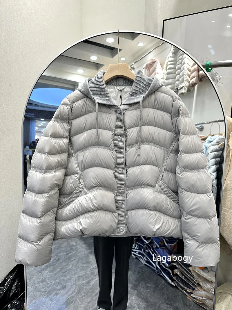 Lagabogy 2026 New Autumn Winter Women 90% White Duck Down Jacket Knitted Hooded Casual Outerwear Female Ultra Light Warm Coats