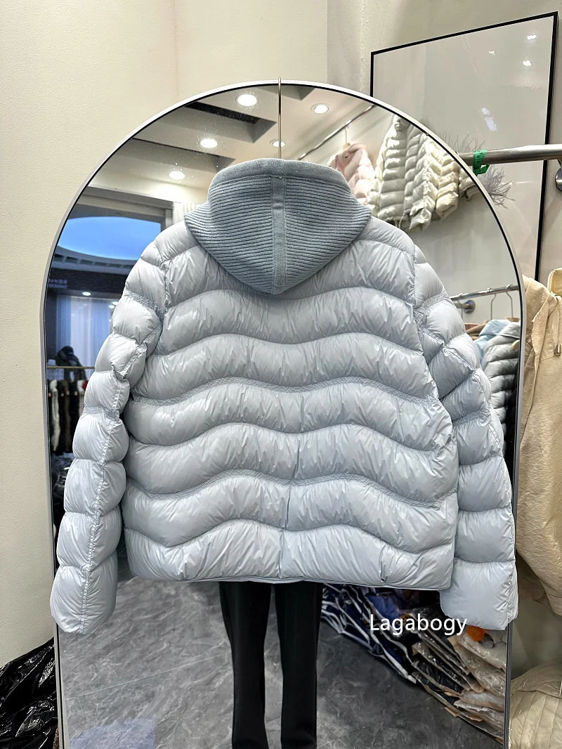 Lagabogy 2026 New Autumn Winter Women 90% White Duck Down Jacket Knitted Hooded Casual Outerwear Female Ultra Light Warm Coats