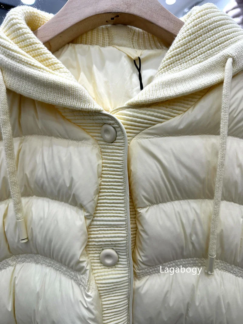 Lagabogy 2026 New Autumn Winter Women 90% White Duck Down Jacket Knitted Hooded Casual Outerwear Female Ultra Light Warm Coats