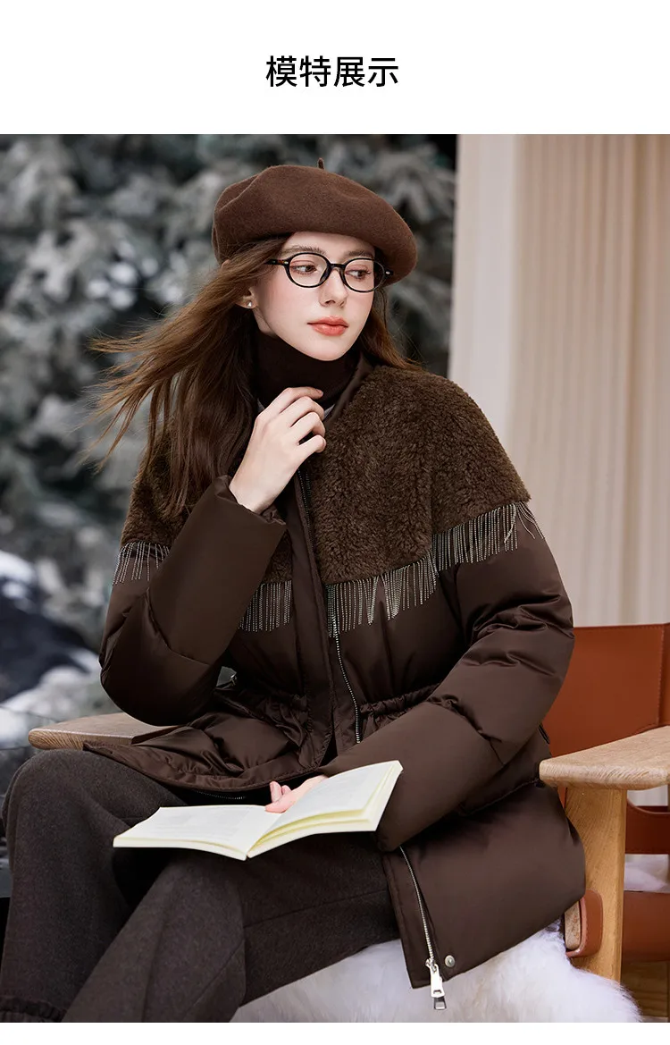LOUIS YAO Black Women's Down Coats 2025 Autumn/Winter Suzhou Embroidery Patchwork A Tassel-decorated Spliced Coat Down Jacket
